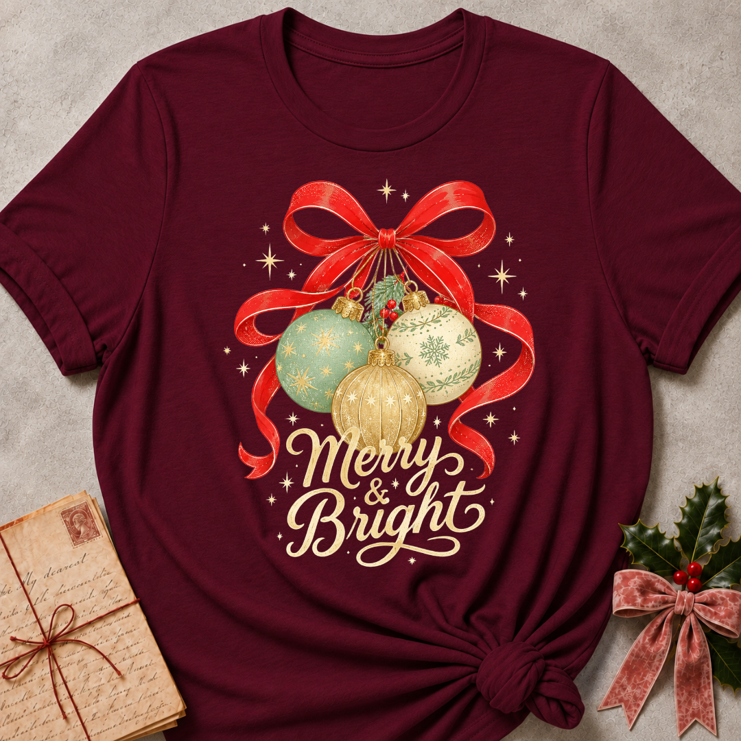 A maroon short-sleeve crewneck t-shirt with a 'Merry & Bright' Christmas graphic, styled in a flat-lay with a vintage letter, holly, and a small pink ribbon on a textured gray background.