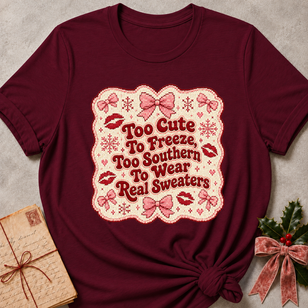 A maroon short-sleeve t-shirt with a decorative holiday graphic on the front. The graphic features a scalloped cream border with pink bows, snowflakes, lips, and the text 'Too Cute To Freeze, Too Southern To Wear Real Sweaters' in red.