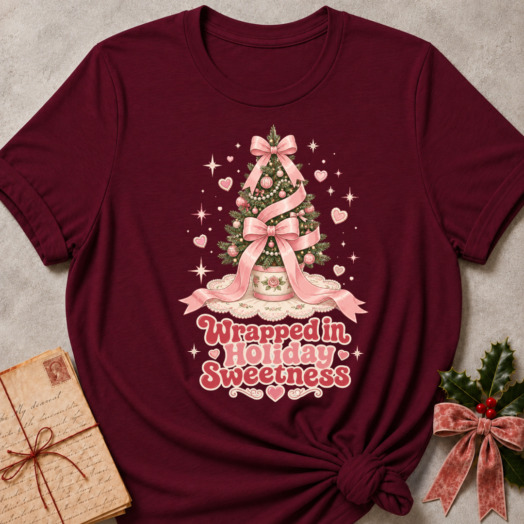 A maroon short-sleeve t-shirt with a pink Christmas tree graphic and the text 'Wrapped in Holiday Sweetness' on the front, styled flat-lay with a vintage notebook and holly on a gray textured background.