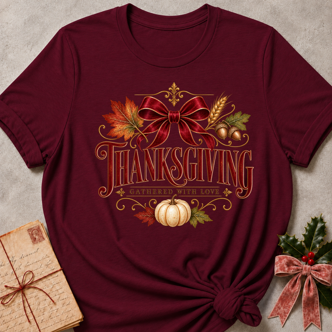 Maroon Thanksgiving Gathered With Love tee with a vintage red bow, autumn leaves and a white pumpkin
