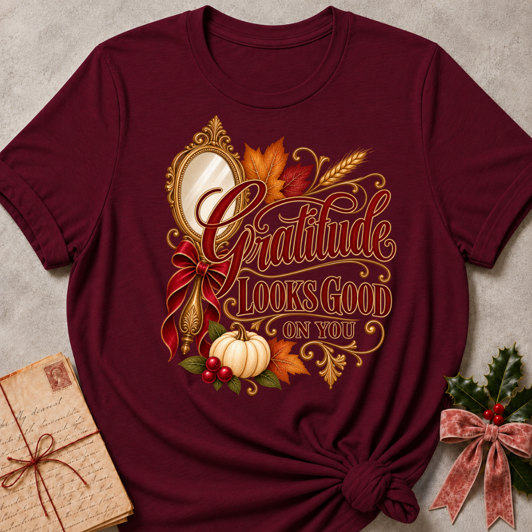 Maroon Gratitude Looks Good On You tee with a gilded vintage mirror, red bow and autumn harvest details