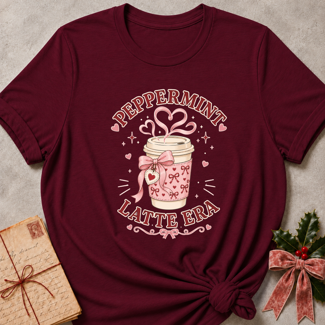 A maroon short-sleeve graphic T-shirt laid flat on a textured light gray surface, styled with a vintage notebook on the left and holly with a pink bow on the right. The shirt features a central graphic of a pink patterned coffee cup with a pink bow, hearts, and the words 'PEPPERMINT LATTE ERA'.