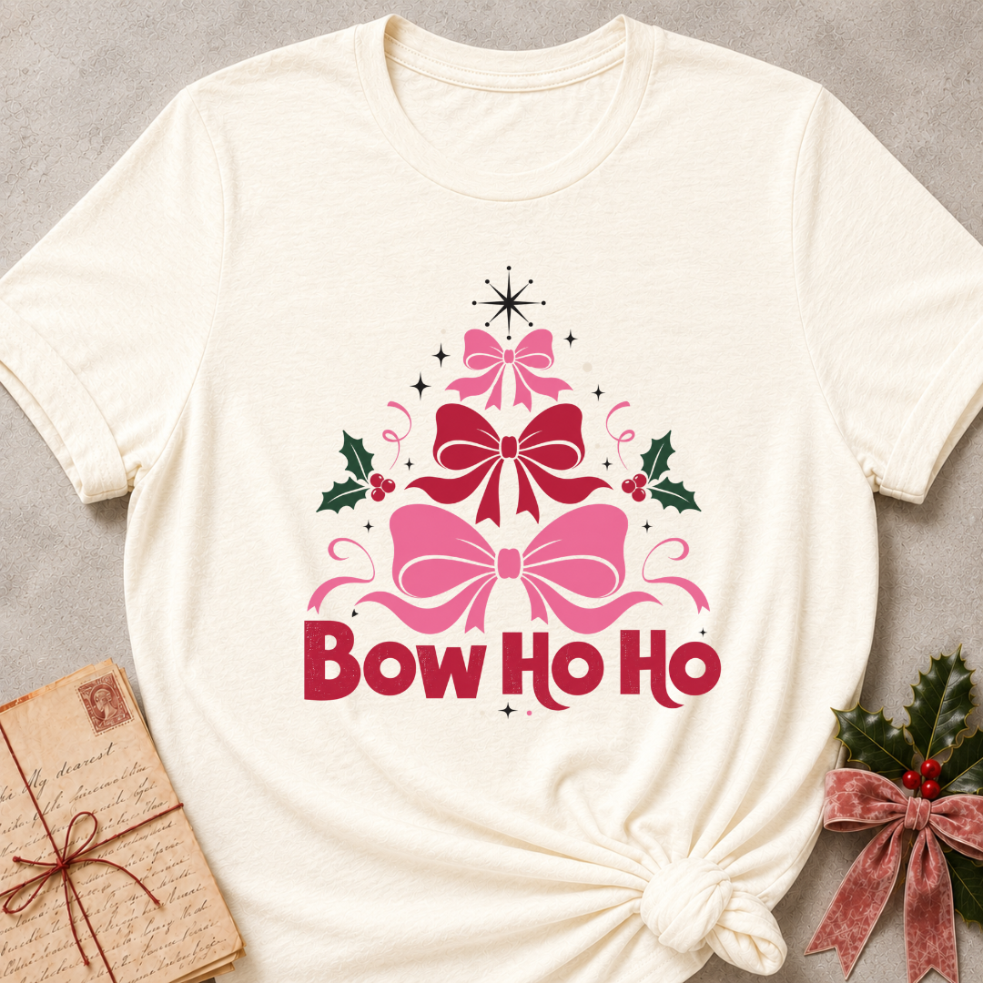 An off-white short-sleeve t-shirt with a 'Bow Ho Ho' Christmas graphic, styled in a flat-lay with a vintage letter and greenery on a gray textured background.