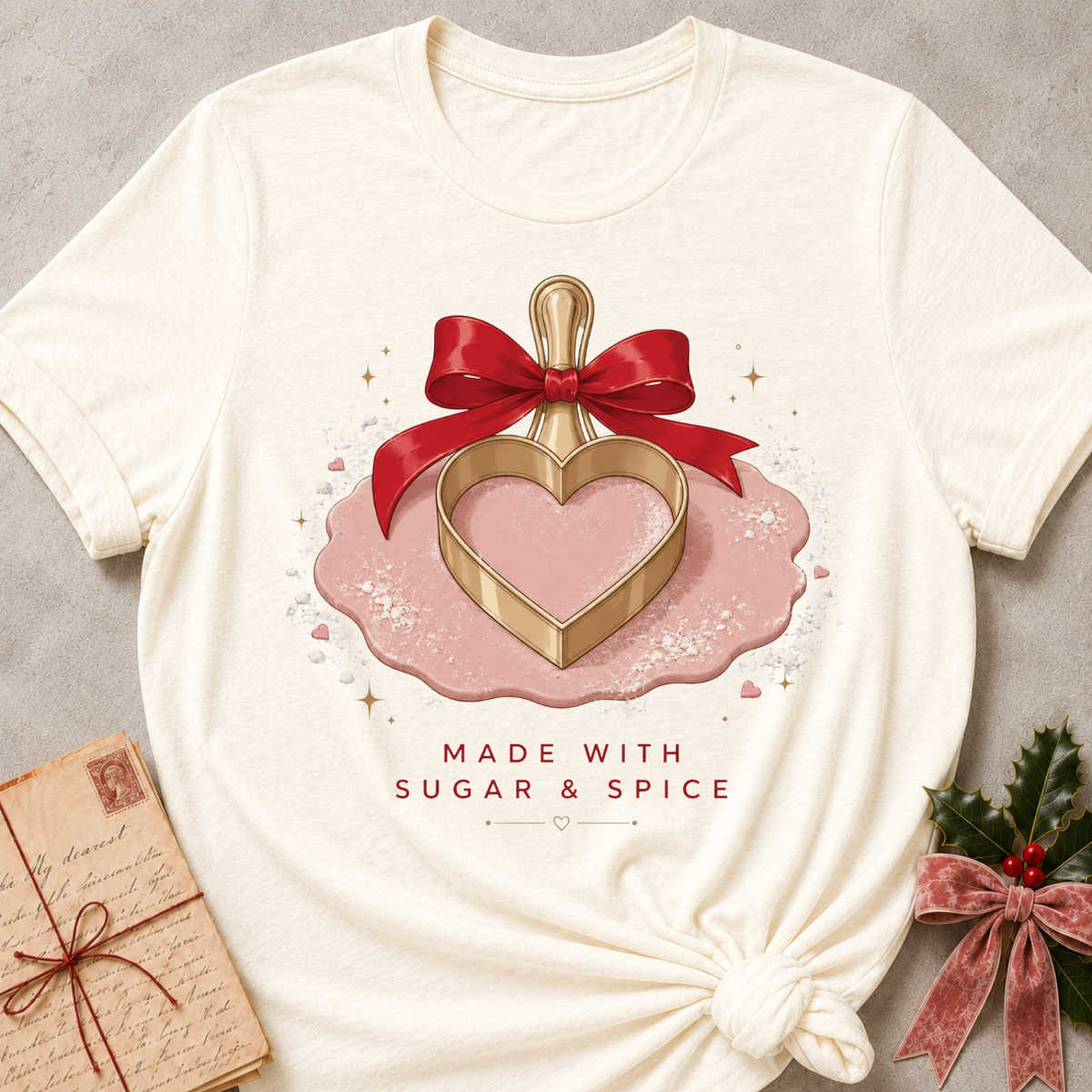 An off-white graphic t-shirt styled in a flat-lay with a knotted hem, featuring a pink and gold heart-shaped perfume bottle illustration with a red ribbon and the text 'MADE WITH SUGAR & SPICE'. Decorative props include a vintage letter and holly sprig on a gray textured background.