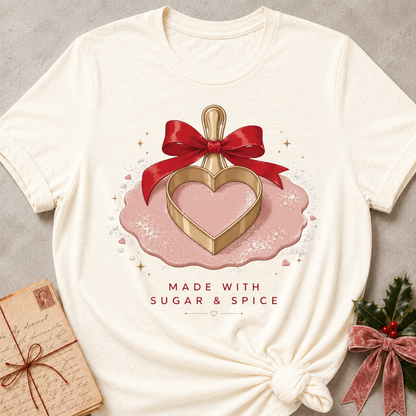 An off-white graphic t-shirt styled in a flat-lay with a knotted hem, featuring a pink and gold heart-shaped perfume bottle illustration with a red ribbon and the text 'MADE WITH SUGAR & SPICE'. Decorative props include a vintage letter and holly sprig on a gray textured background.
