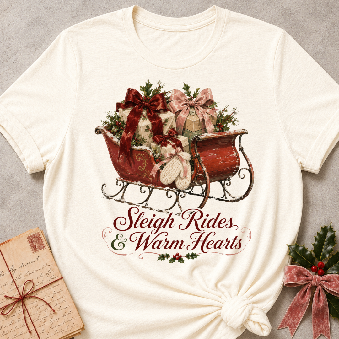An off-white short-sleeve t-shirt with a 'Sleigh Rides & Warm Hearts' graphic, styled flat on a gray background with a vintage book and holly accents.