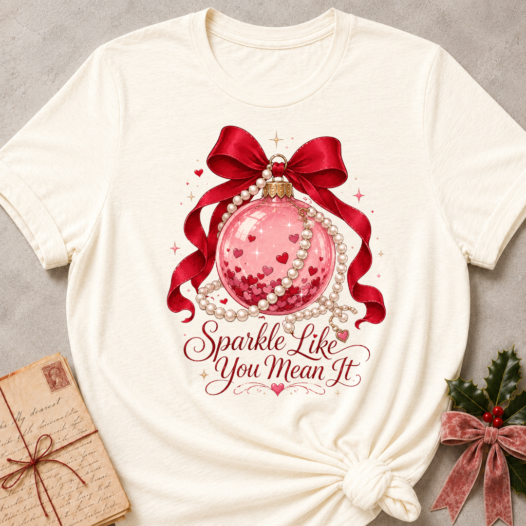 An off-white short-sleeve t-shirt with a Christmas-themed graphic print featuring a pink ornament, red ribbon, and the text 'Sparkle Like You Mean It'. The t-shirt is styled flat on a gray textured background with a vintage postcard and holly in the corners.
