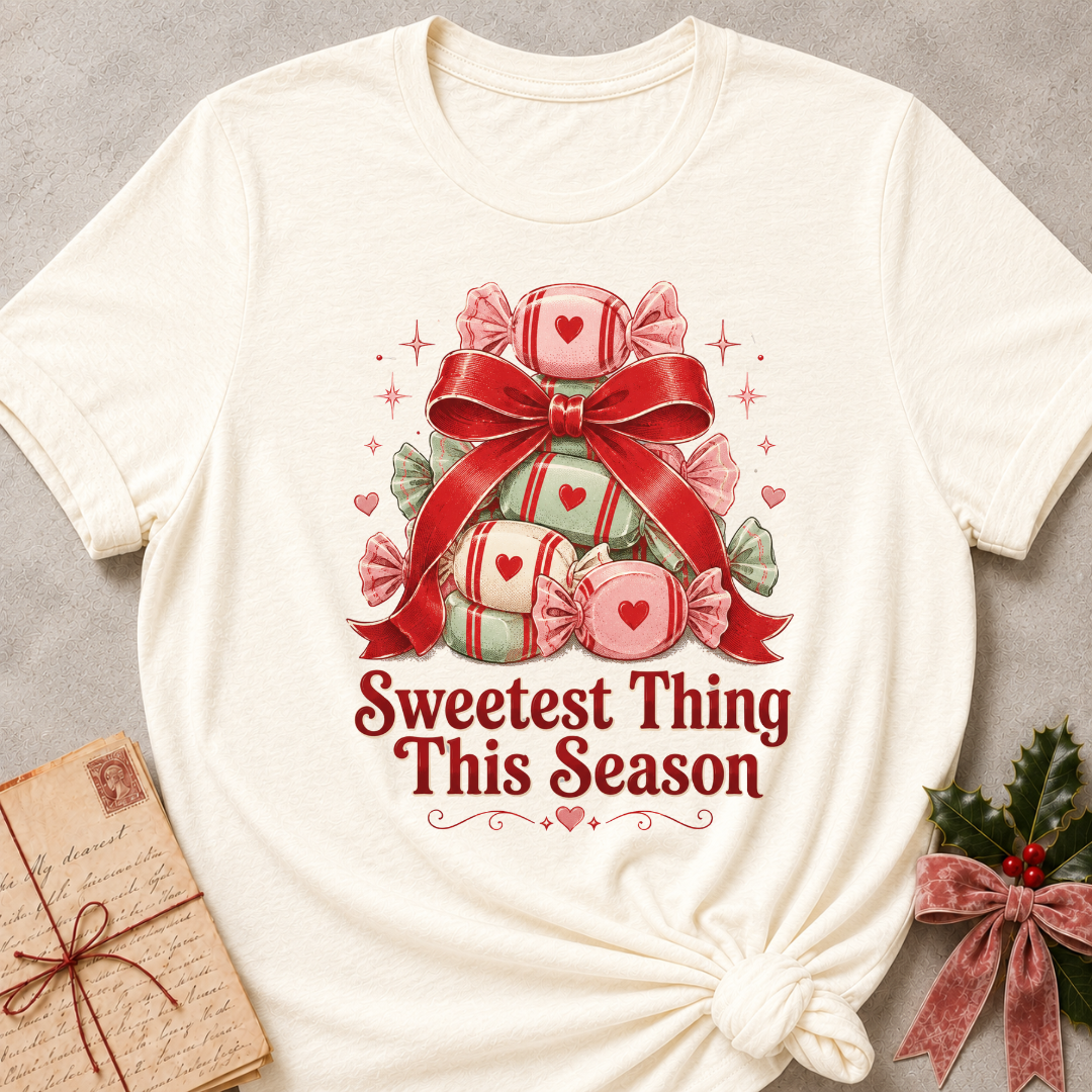 An off-white short-sleeve t-shirt with a Christmas-themed graphic of wrapped candies under a red bow and the text 'Sweetest Thing This Season'. The t-shirt is styled flat on a gray textured background with a vintage letter and holly in the corners.