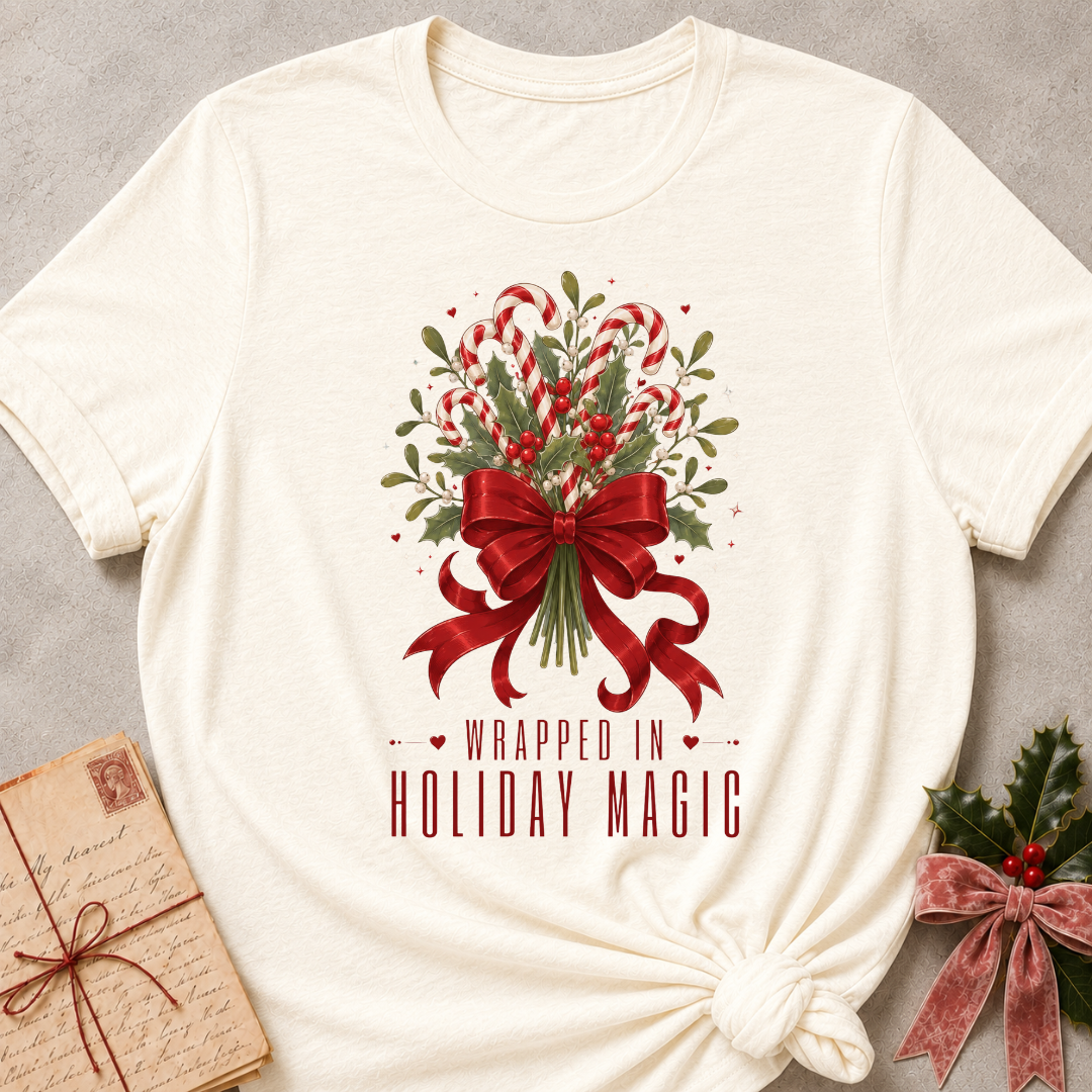 An off-white short-sleeve t-shirt with a Christmas graphic print featuring candy canes, holly, a red bow, and the text 'WRAPPED IN HOLIDAY MAGIC'. The t-shirt is styled flat on a gray textured background with a vintage postcard and a velvet ribbon bow prop.