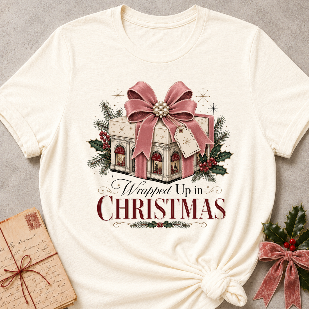 An off-white short-sleeve t-shirt with a Christmas graphic print, styled in a flat-lay on a gray textured background with a vintage letter and greenery props.