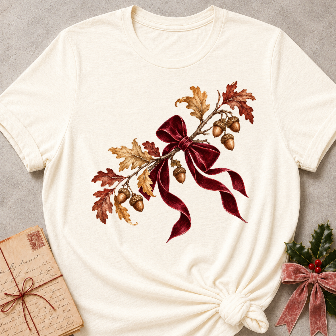 Natural relaxed fit tee with a cluster of acorns, oak leaves and a soft plaid bow