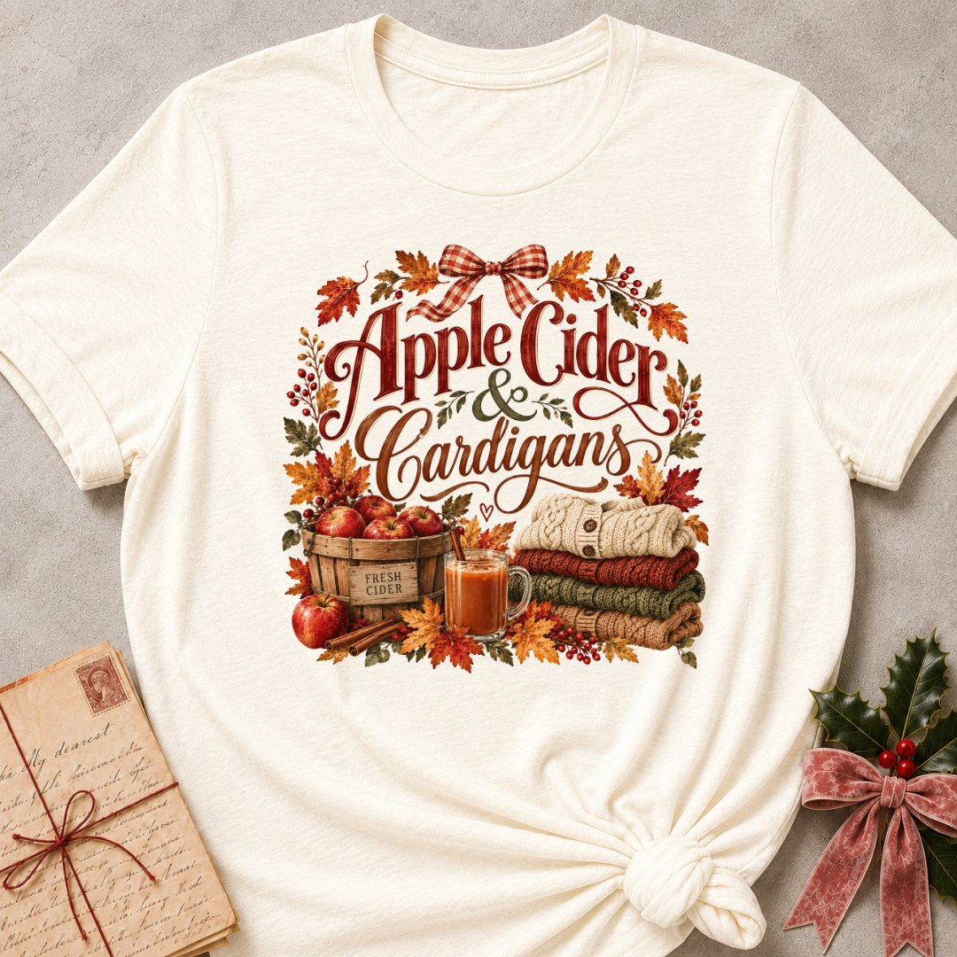 Natural relaxed fit tee with Apple Cider and Cardigans lettering, a cider mug, a basket of red apples, stacked sweaters and a gingham bow