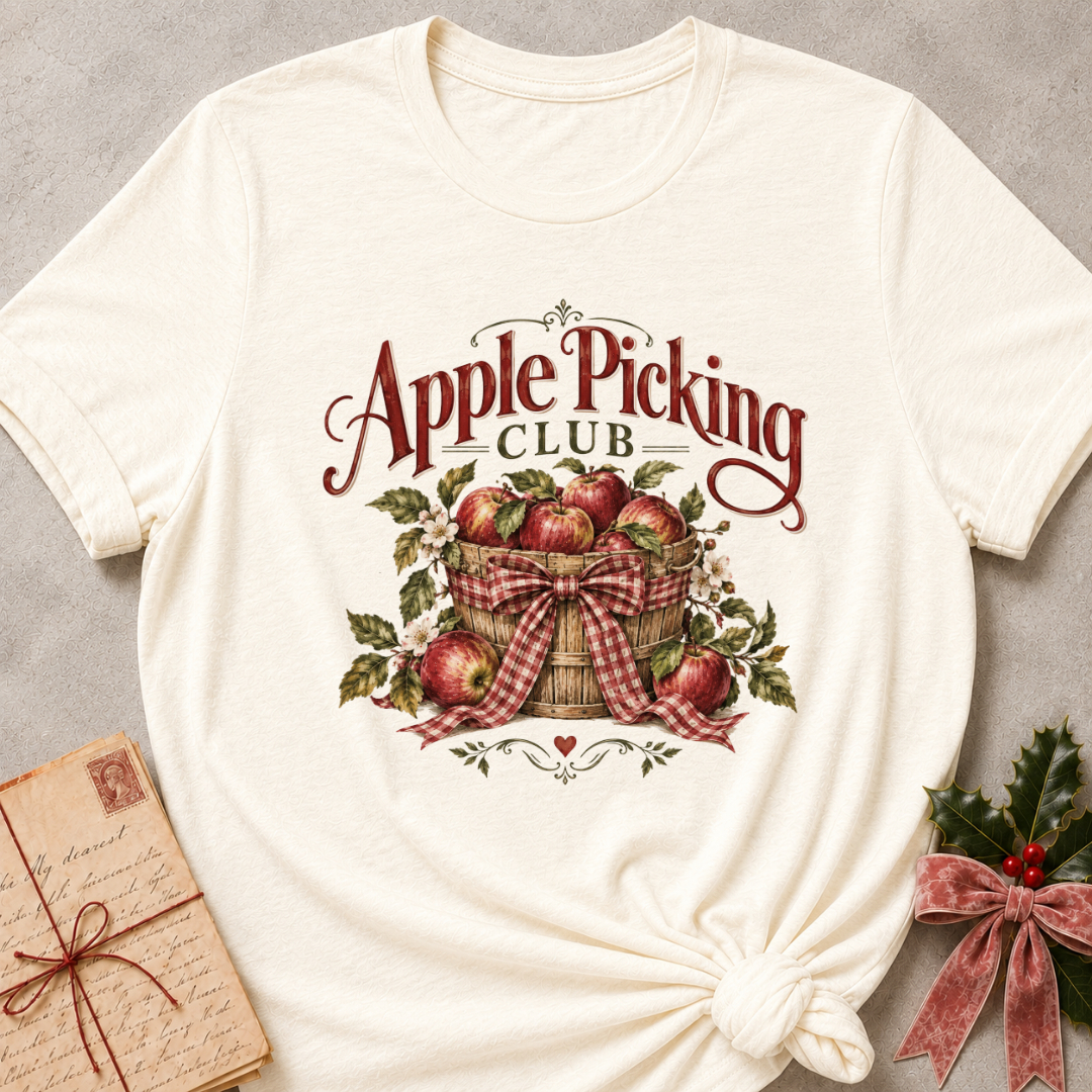 Natural relaxed fit tee with an Apple Picking Club basket of red apples, blossoms and a gingham bow