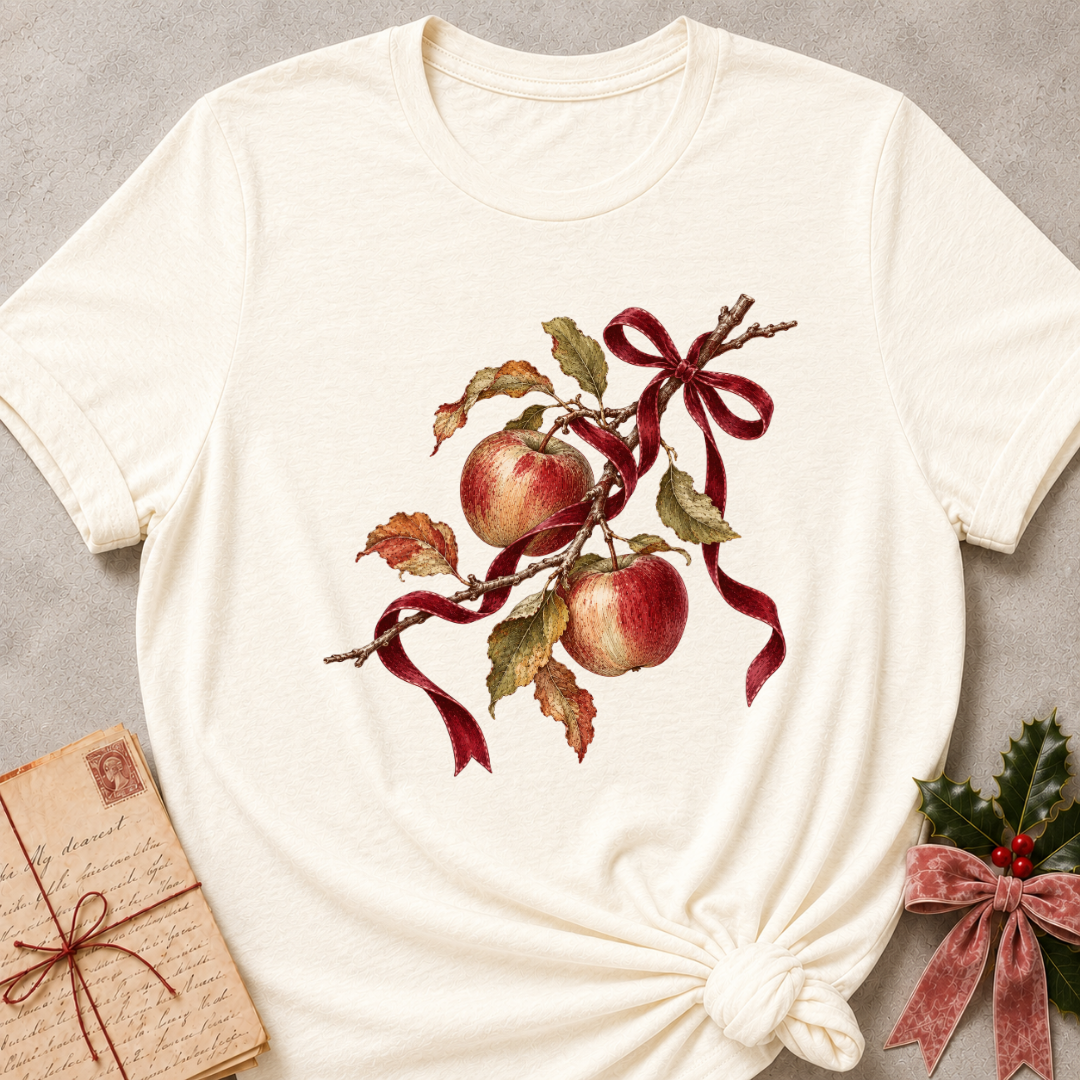 Natural relaxed fit tee with red apples, autumn leaves and a gingham bow