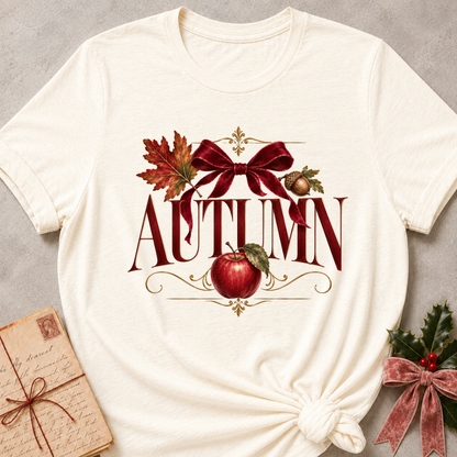 Natural cream women's relaxed tee with a vintage AUTUMN serif design with a burgundy velvet bow, maple leaf, acorn, and red apple