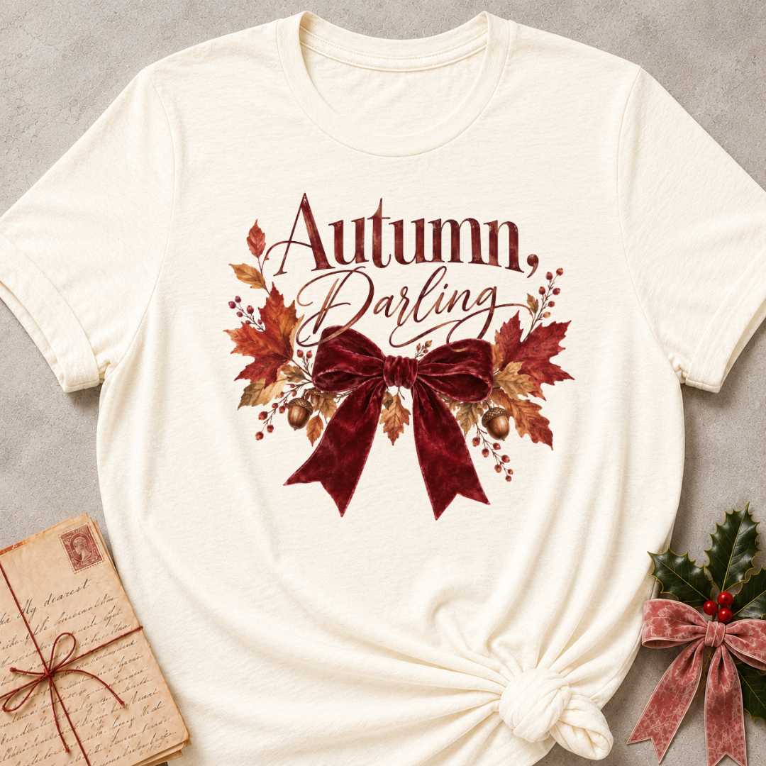Autumn, Darling script with a burgundy velvet bow, golden acorns, and falling leaves on a creamy natural relaxed fit tee
