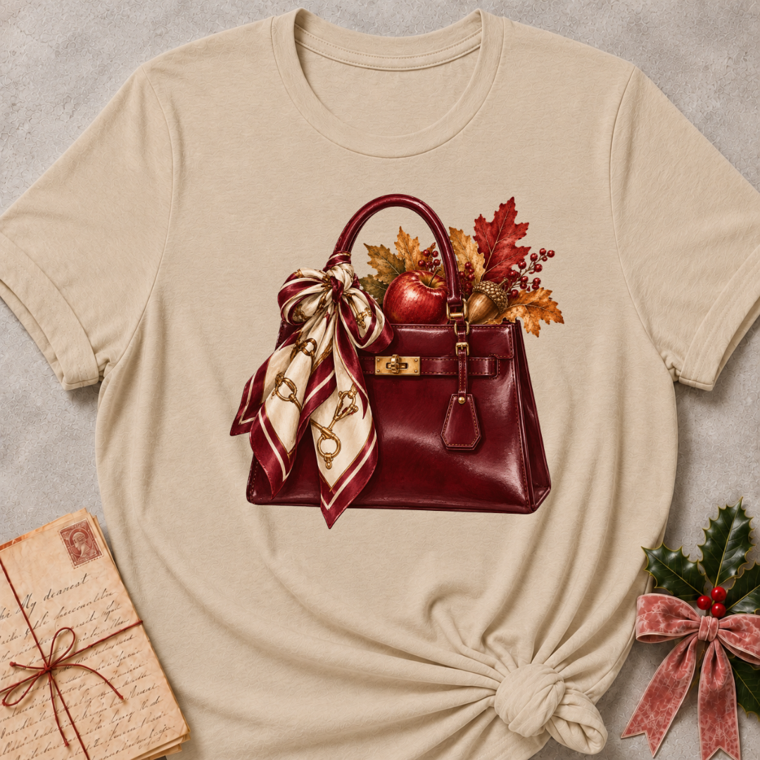 Natural relaxed fit tee with a burgundy handbag, silk scarf and autumn leaves