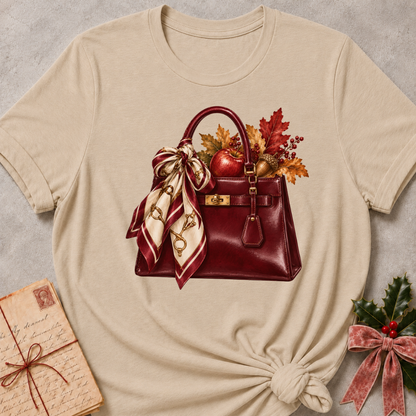 Natural relaxed fit tee with a burgundy handbag, silk scarf and autumn leaves