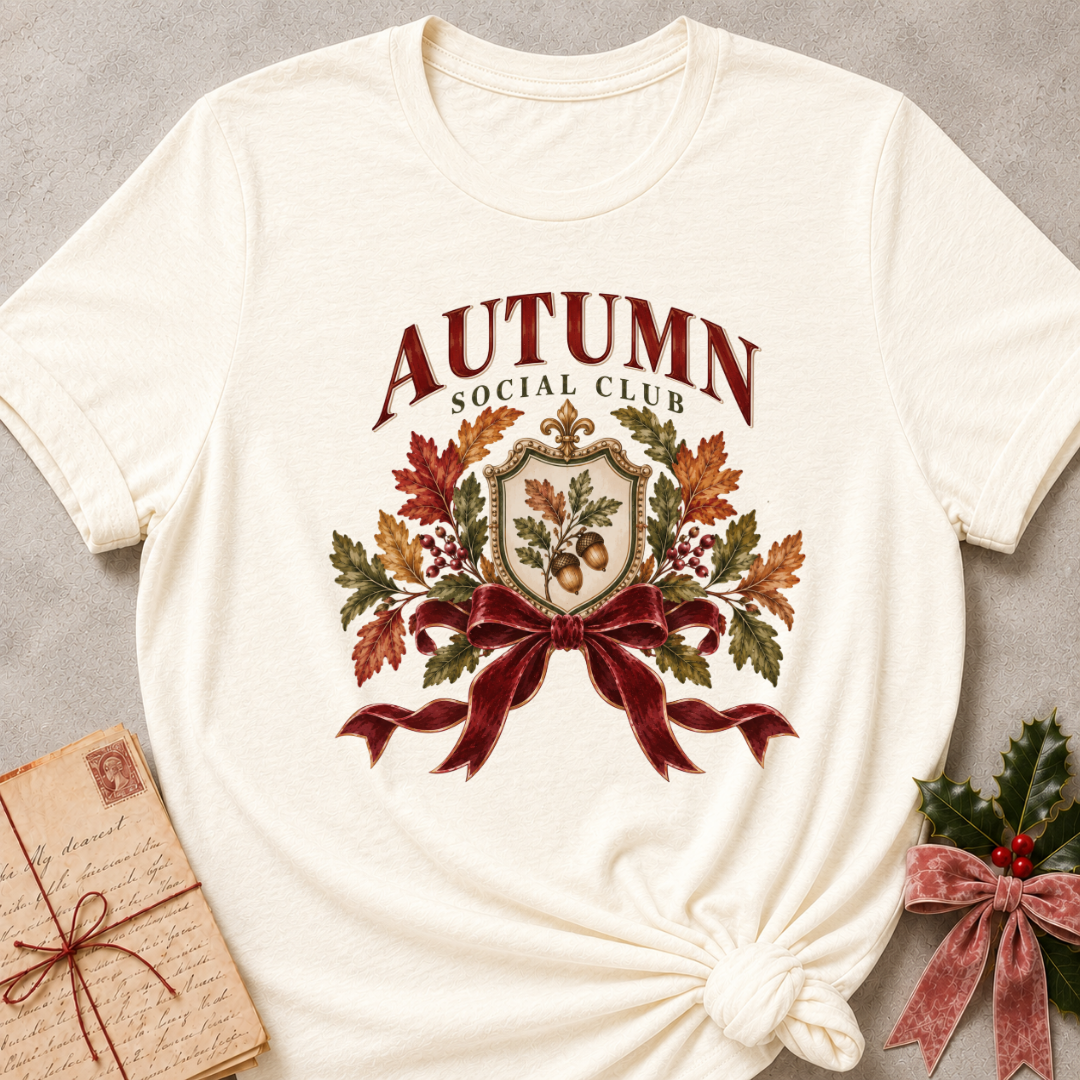 Natural relaxed fit tee with an Autumn Social Club crest, oak leaves, acorns and a burgundy bow
