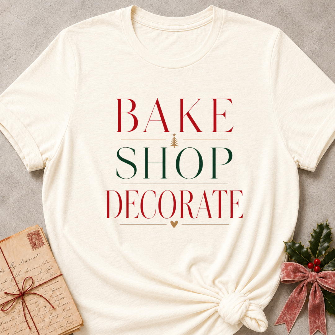 Natural women's relaxed fit tee with Bake Shop Decorate design in red and green lettering