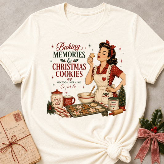 Natural cream relaxed fit tee with a retro baker and a tray of Christmas cookies