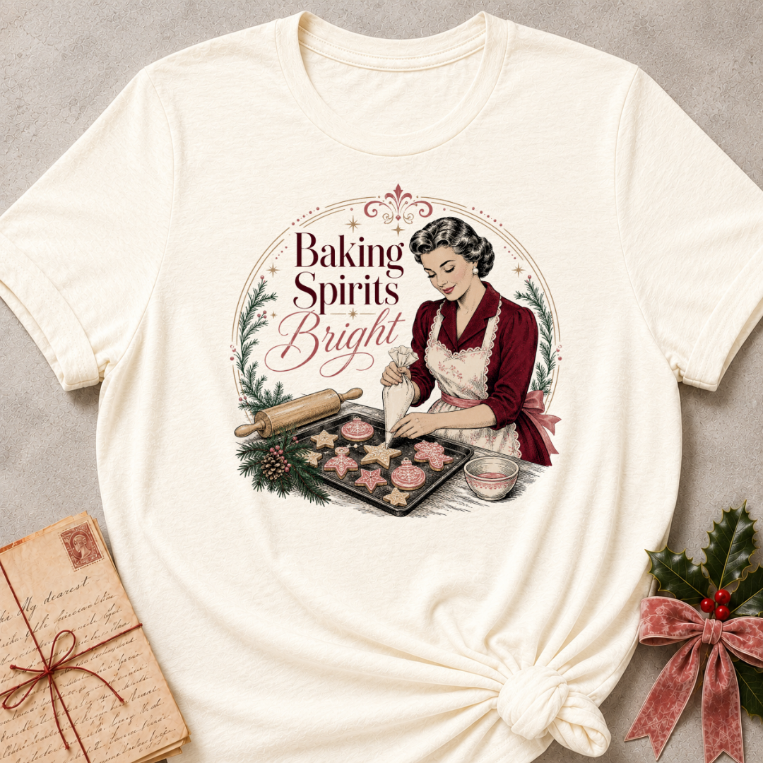 Natural cream relaxed fit tee with a vintage baker piping Christmas cookies