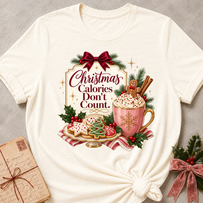 Natural relaxed fit tee with Christmas Calories Don't Count lettering, frosted cookies, a cocoa mug with a gingerbread man and a burgundy bow