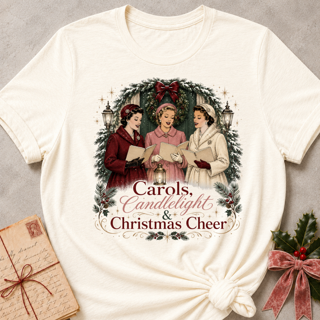 Natural cream relaxed fit tee with three vintage carolers by lantern light