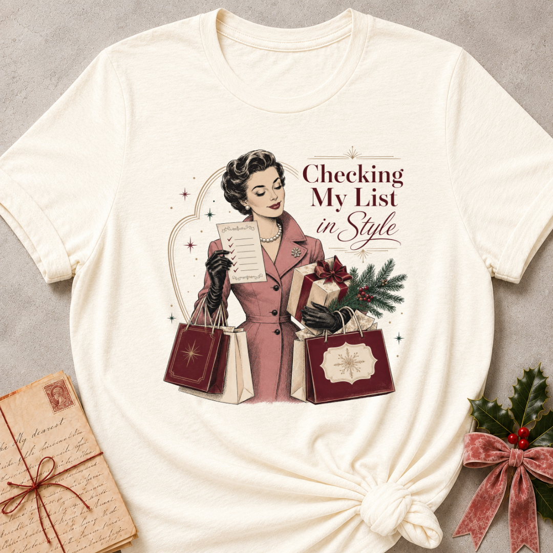 Natural relaxed fit tee with Checking My List in Style lettering, a vintage woman in a rose coat holding her list and burgundy shopping bags