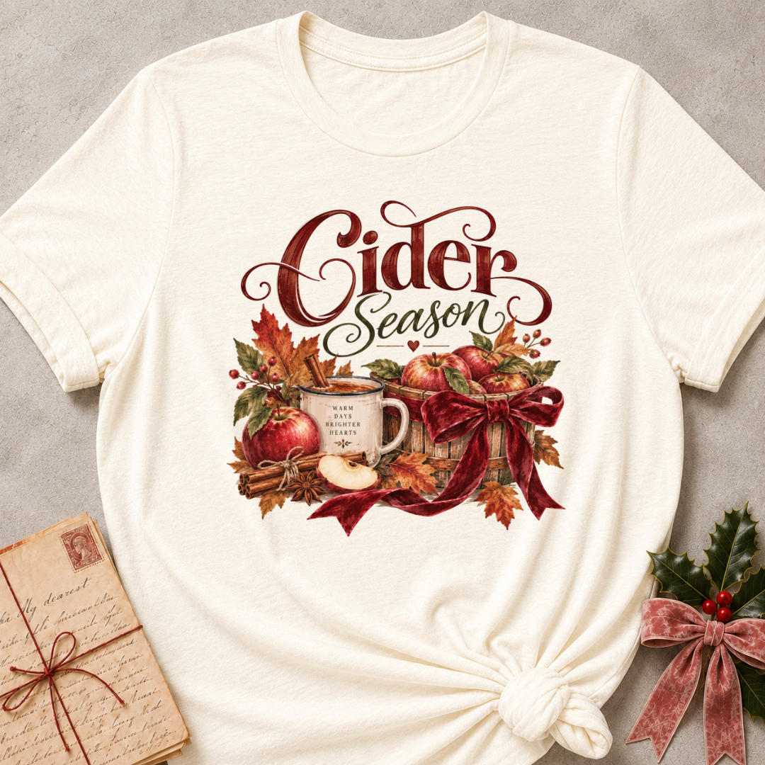 Natural cream women's relaxed tee with a Cider Season script design with a cider mug, red apples, cinnamon sticks, and a burgundy ribbon bow