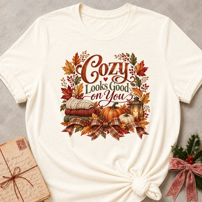 Natural relaxed fit tee with Cozy Looks Good on You lettering, stacked knit sweaters, pumpkins, a glowing lantern and a plaid bow