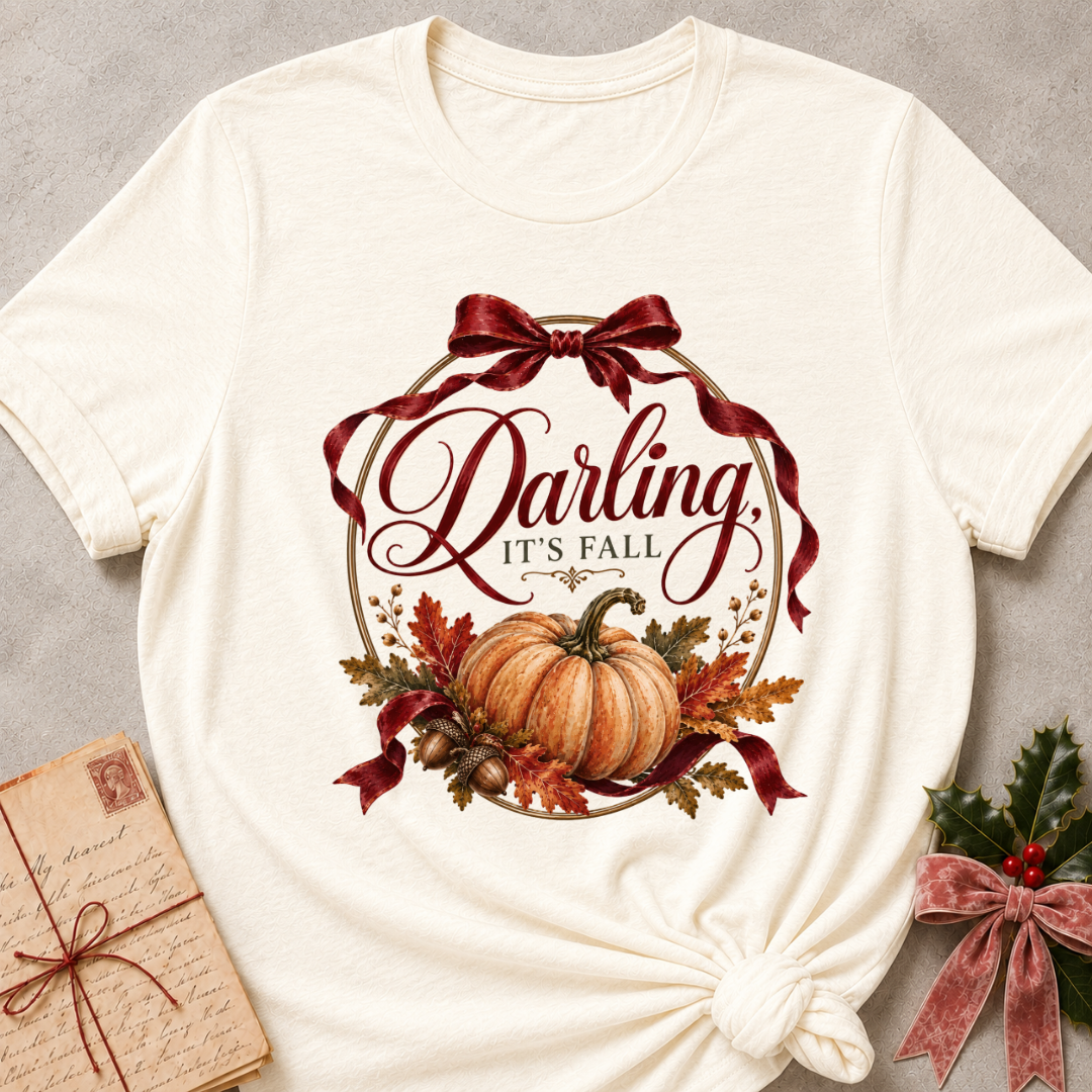 Natural cream women's relaxed tee with a vintage Darling It's Fall script design framed by a gold wreath, a burgundy ribbon bow, and a harvest pumpkin