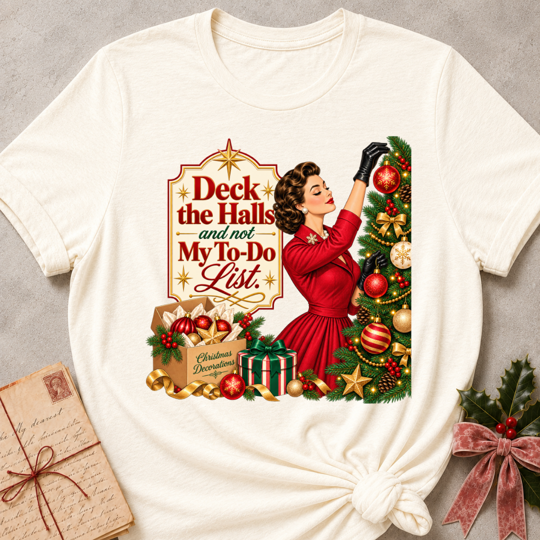 Natural relaxed fit tee with Deck the Halls and not My To-Do List lettering, a vintage woman in red trimming an ornament-covered tree