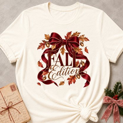 Natural cream women's relaxed tee with a Fall Edition script design wrapped in a burgundy satin bow with autumn leaves and acorns