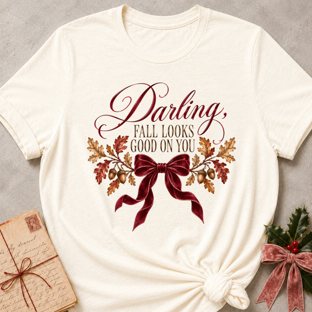 Natural cream women's relaxed tee with a Darling, Fall Looks Good On You script design with a burgundy velvet bow, oak leaves, and acorns