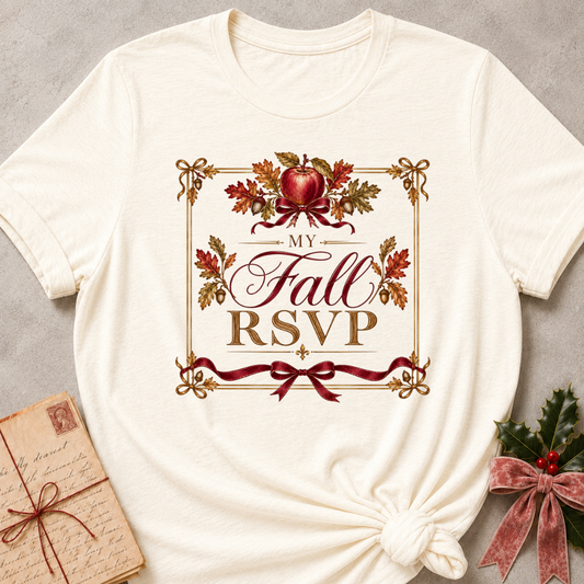 Natural relaxed fit tee with a vintage My Fall RSVP crest, red apple, oak leaves and a burgundy bow