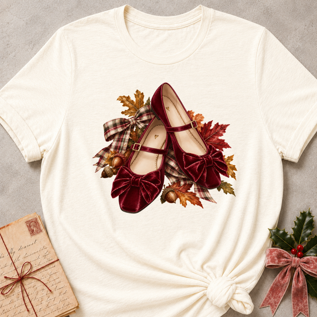 Natural relaxed fit tee with a row of autumn boots, falling leaves and a bow