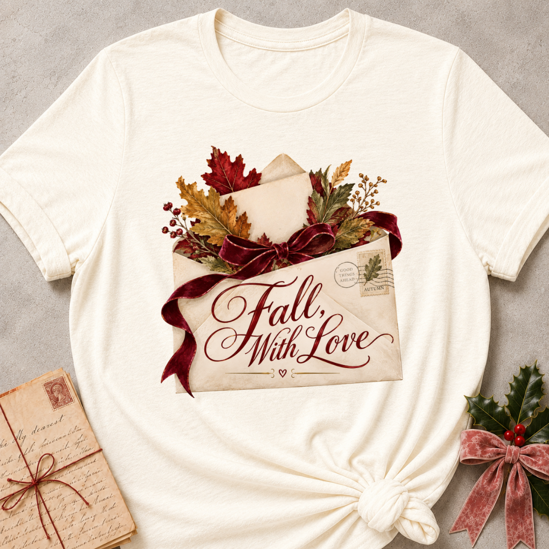 Natural cream women's relaxed tee with a Fall, With Love script design on a vintage envelope with autumn leaves and a burgundy ribbon bow