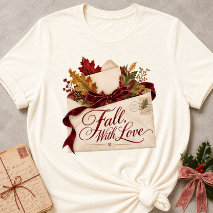 Natural cream women's relaxed tee with a Fall, With Love script design on a vintage envelope with autumn leaves and a burgundy ribbon bow