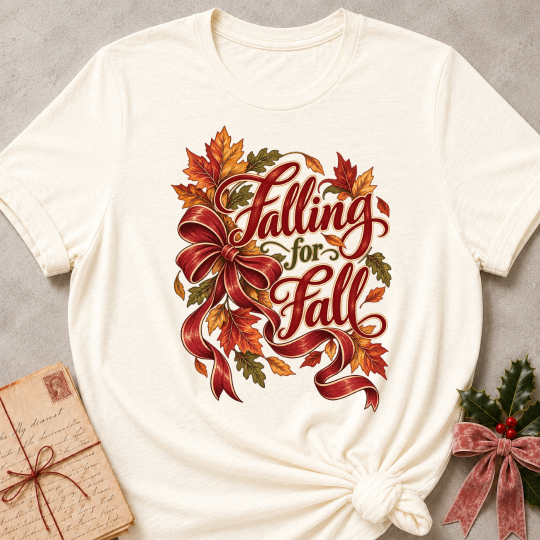 Natural relaxed fit tee with Falling for Fall script, an oversized burgundy bow and swirling autumn leaves