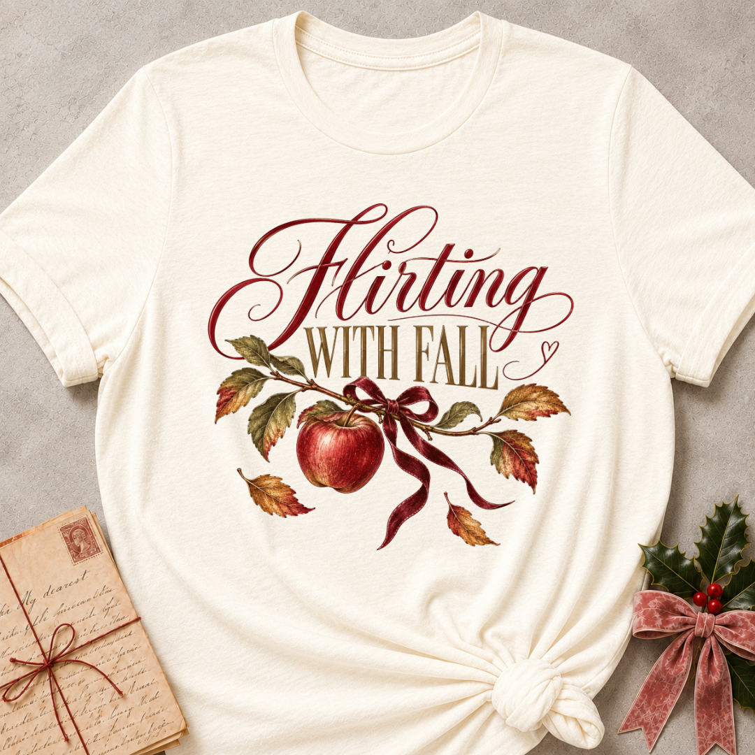 Natural cream women's relaxed tee with Flirting With Fall script above a red apple on a leafy branch tied with a burgundy ribbon
