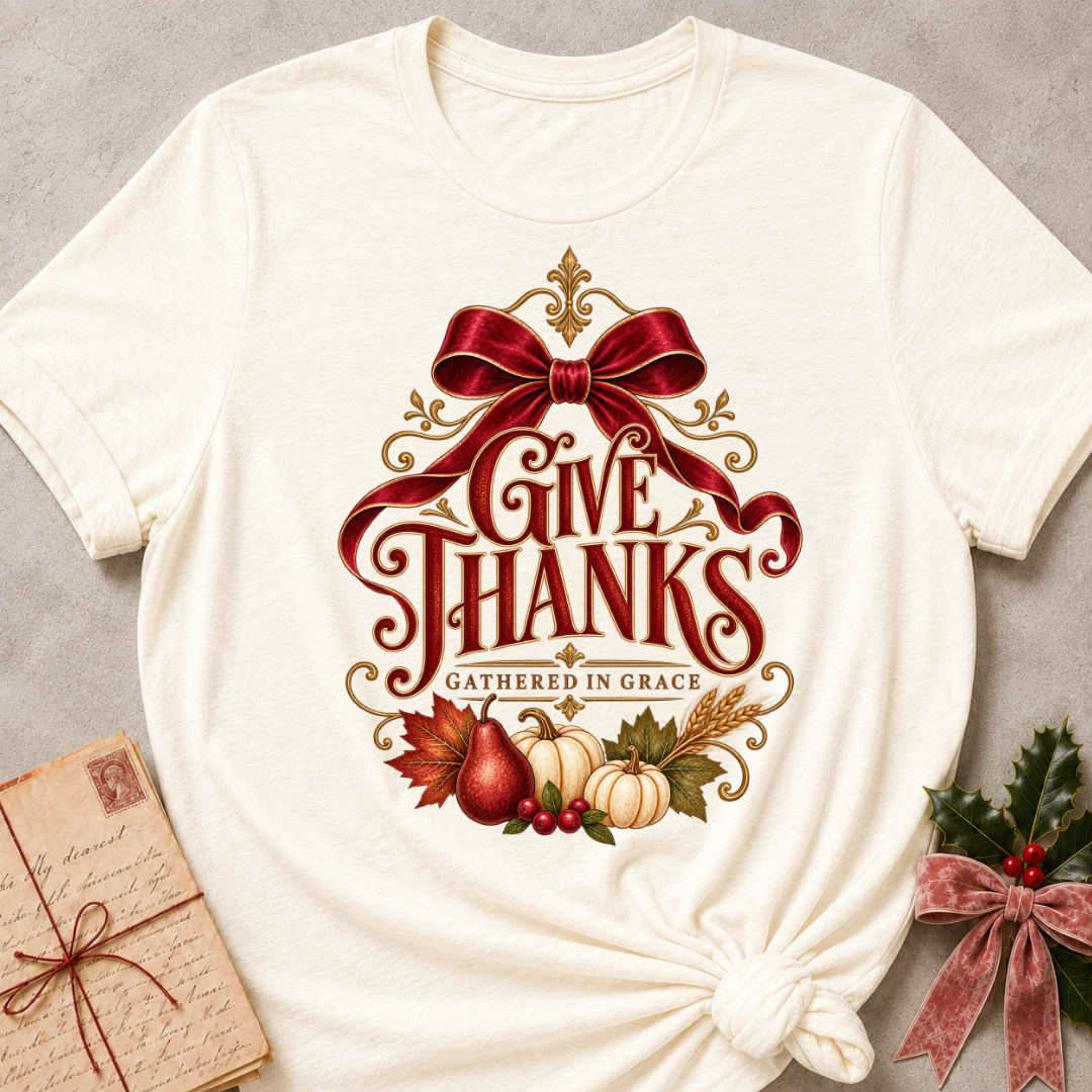 Natural Give Thanks tee with a satin red bow, pears, pumpkins and gold filigree harvest design