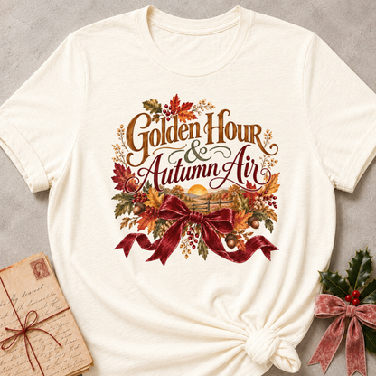 Natural relaxed fit tee with Golden Hour and Autumn Air lettering, a sunset over a wooden fence, fall leaves and a burgundy bow
