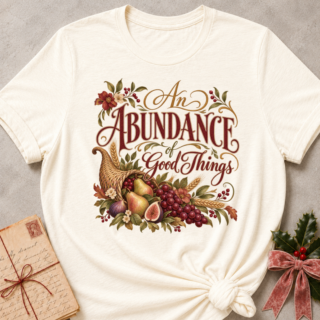 Natural relaxed fit tee with An Abundance of Good Things script and a woven cornucopia of pears, grapes, figs, wheat and autumn flowers