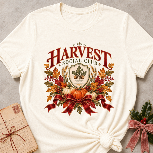 Natural cream women's relaxed tee with a vintage Harvest Social Club crest with an oak leaf shield, pumpkins, autumn leaves, and a plaid ribbon bow