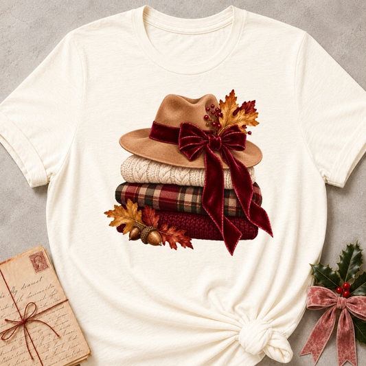 Natural relaxed fit tee with stacked knit sweaters, cozy hats and a plaid bow