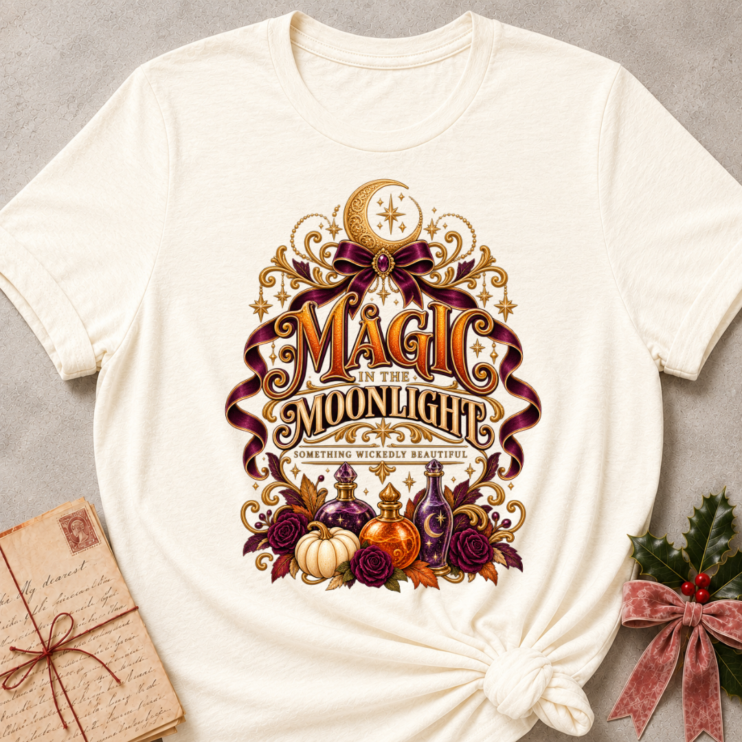 Natural Magic in the Moonlight tee with a crescent moon, velvet ribbon, potion bottles and deep plum roses