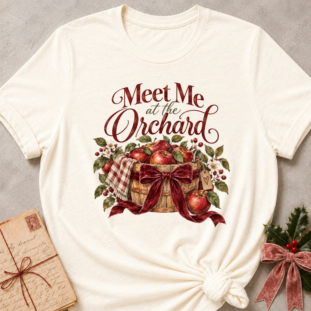 Natural relaxed fit tee with Meet Me at the Orchard lettering, a harvest basket of red apples, blossoms and a burgundy bow