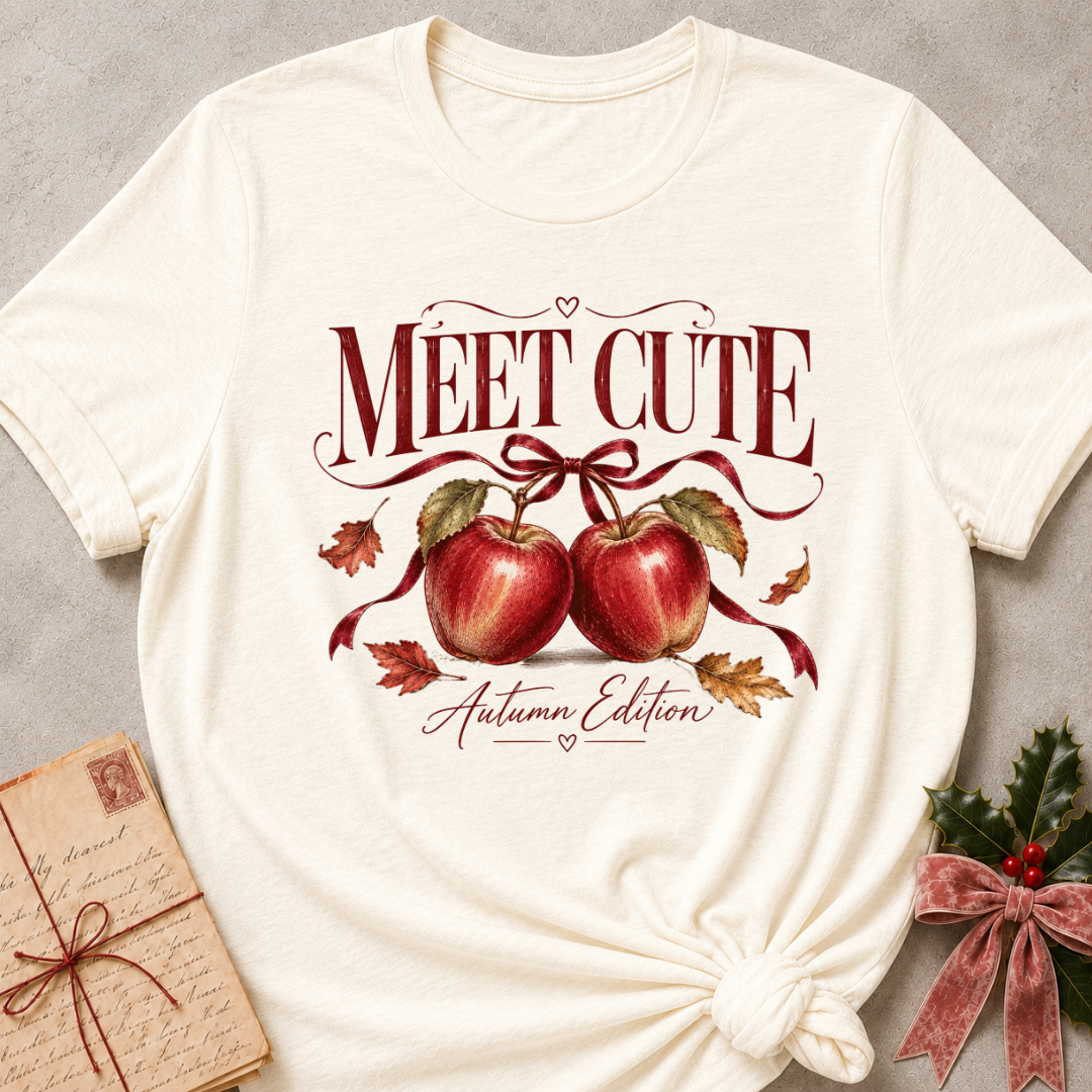 Natural relaxed fit tee with Meet Cute Autumn Edition lettering, two red apples and a burgundy bow