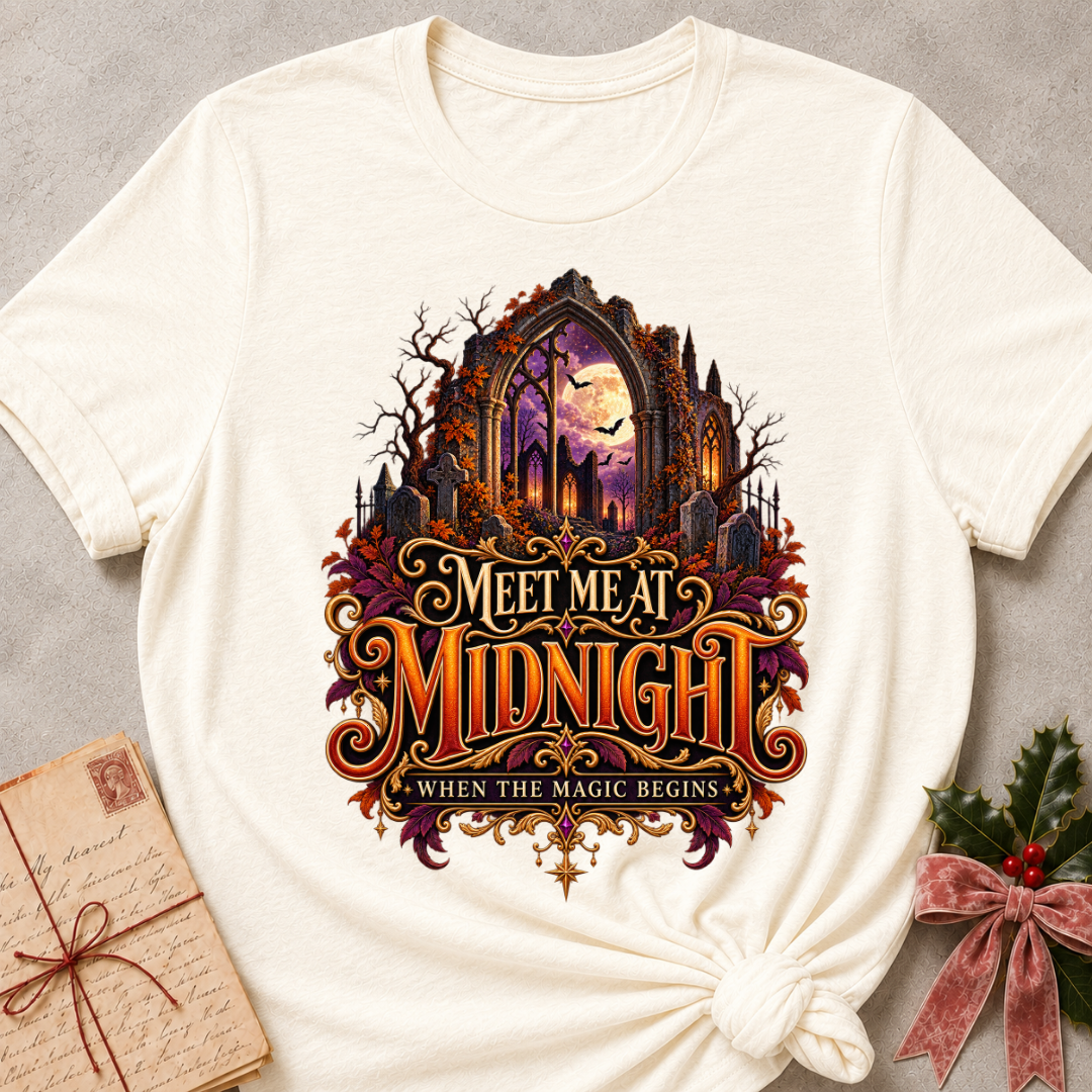 Natural Meet Me at Midnight tee with a moonlit Gothic arch, fluttering bats and jewel toned autumn leaves
